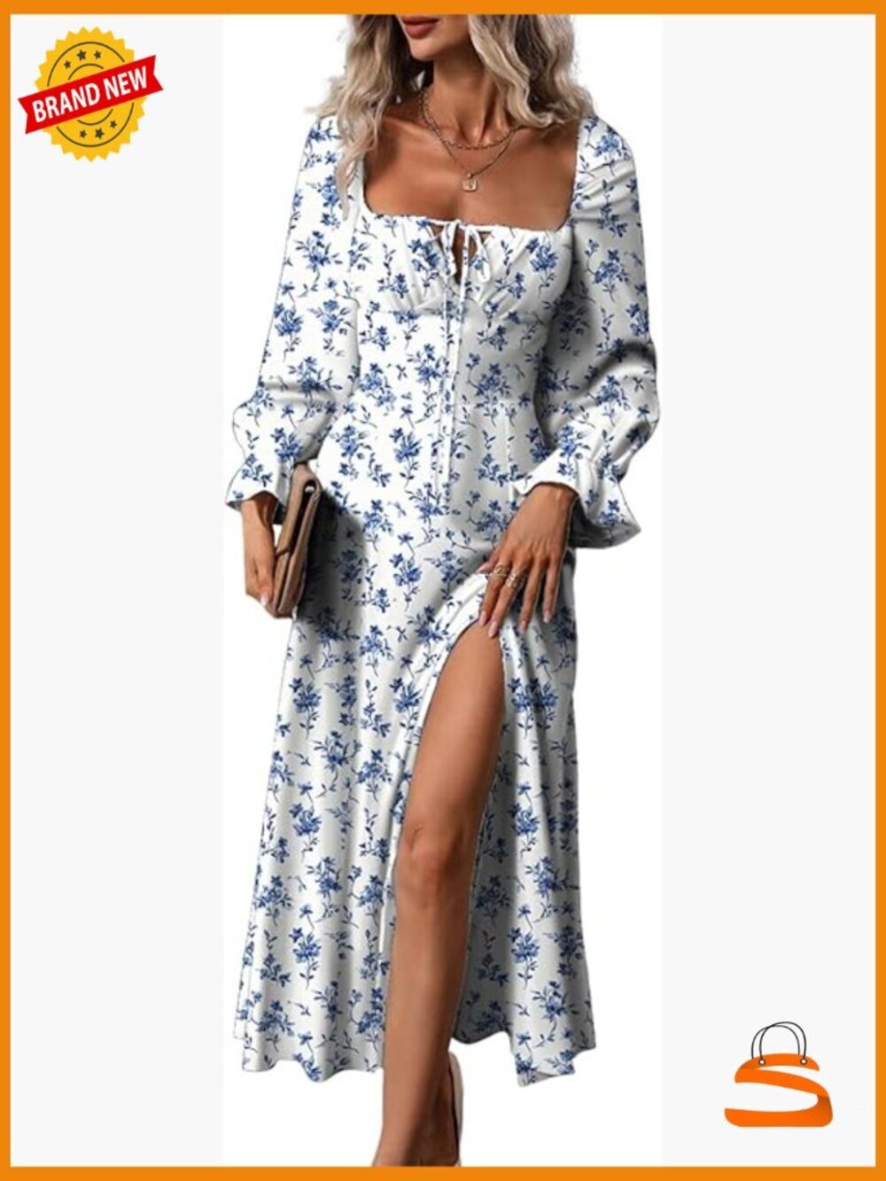 Square Neck Long Sleeve Boho Floral Midi Dress Side Split - Picture 1 of 7